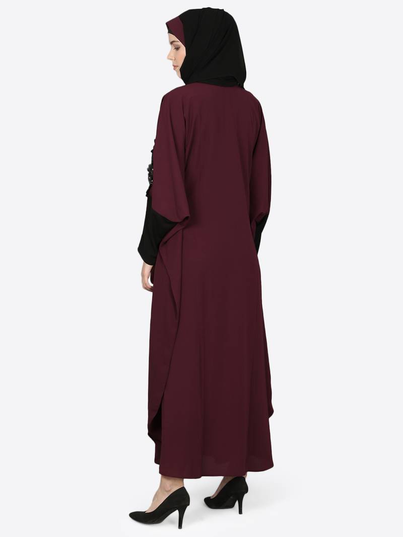 Nazneen Patch Contrast Cuff Wine Kaftan Abaya