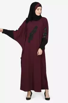 Nazneen Patch Contrast Cuff Wine Kaftan Abaya