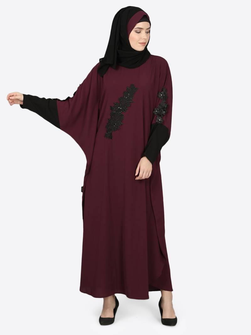 Nazneen Patch Contrast Cuff Wine Kaftan Abaya
