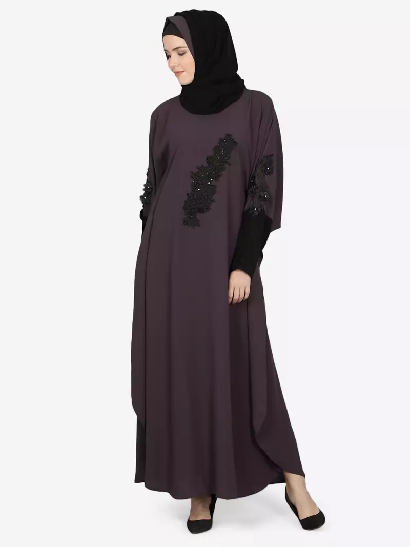Nazneen Patch Contrst Cuff Purple Kaftan