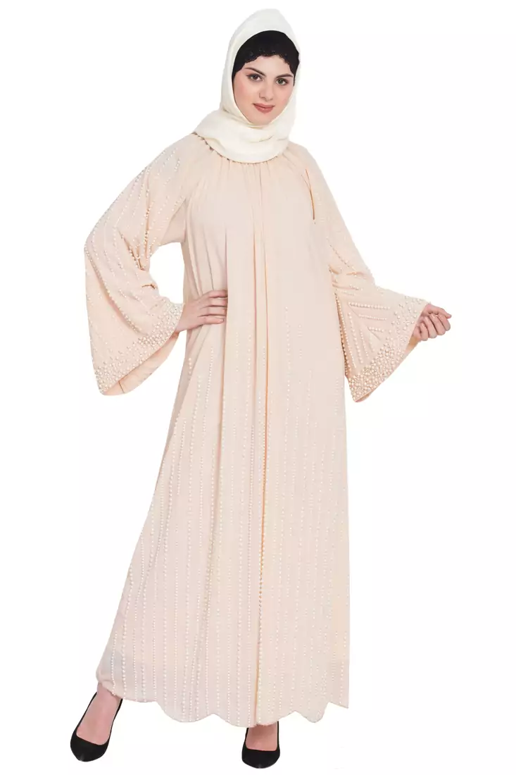 Nazneen Pearls Hand Work Halter Neck Peach Wedding  Abaya