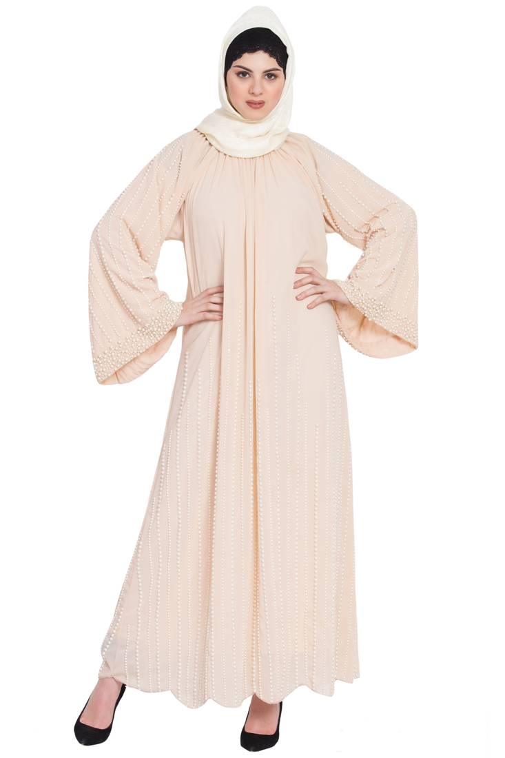 Nazneen Pearls Hand Work Halter Neck Peach Wedding  Abaya
