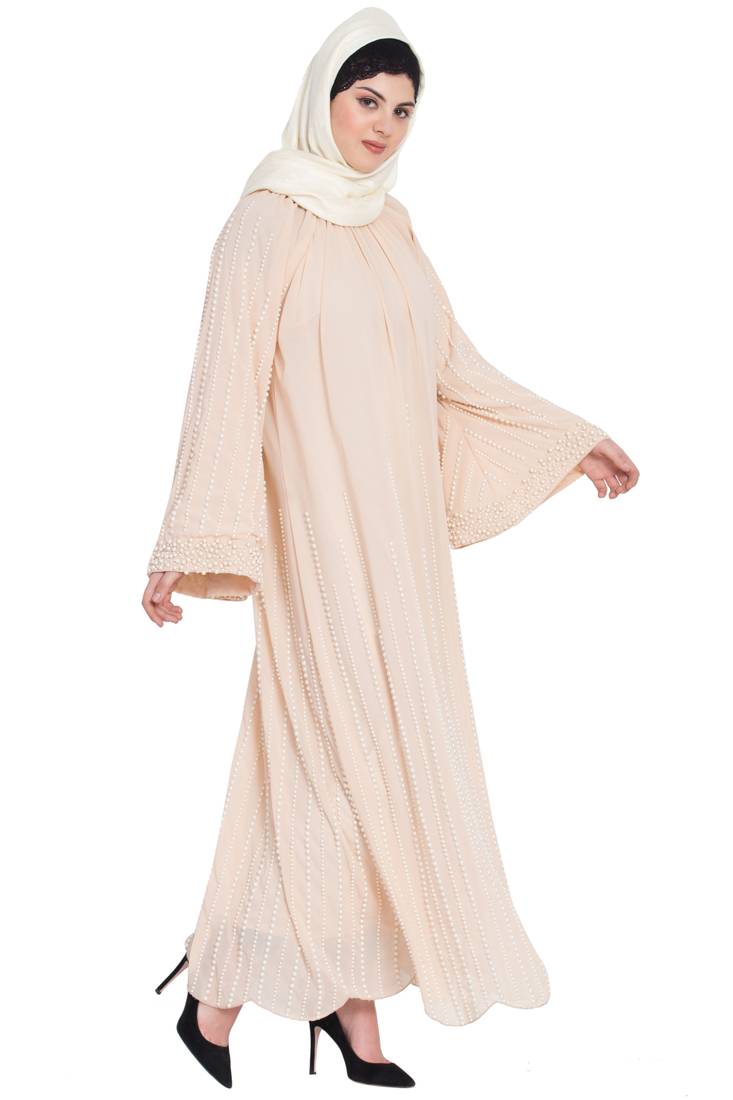 Nazneen Pearls Hand Work Halter Neck Peach Wedding  Abaya