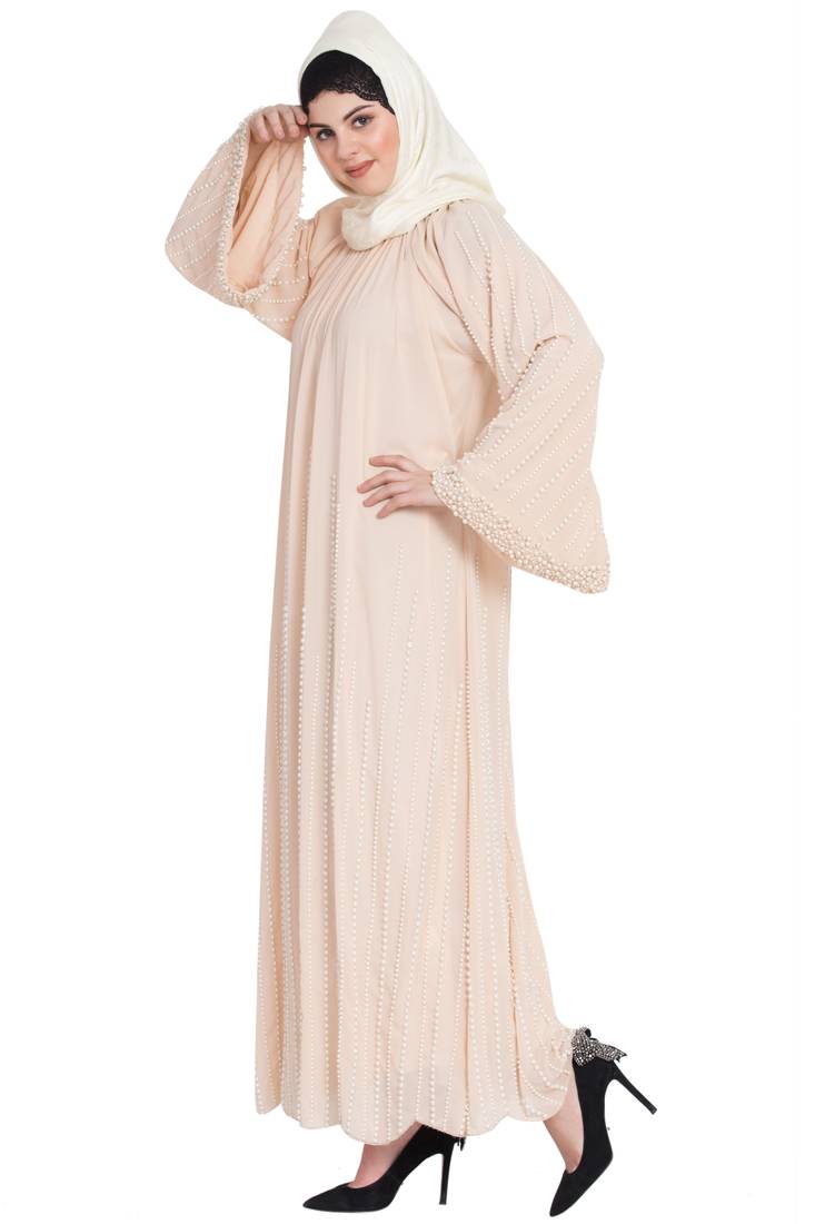 Nazneen Pearls Hand Work Halter Neck Peach Wedding  Abaya