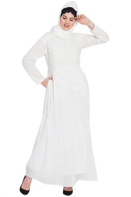 Nazneen Hand Embroidered Off White Wedding Abaya 1