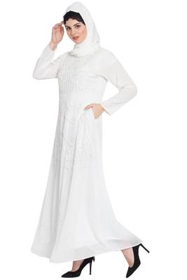 Nazneen Hand Embroidered Off White Wedding Abaya 2