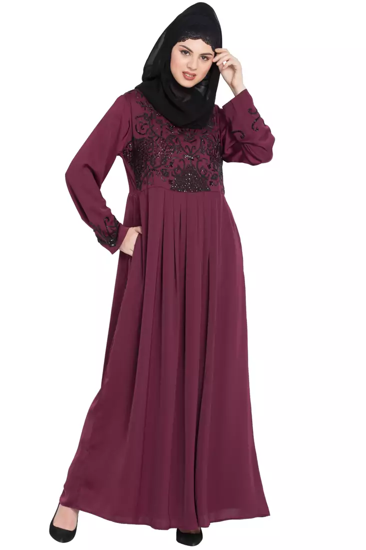 Nazneen Hand Embroidered Wine Party Abaya