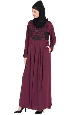 Nazneen Hand Embroidered Wine Party Abaya 2