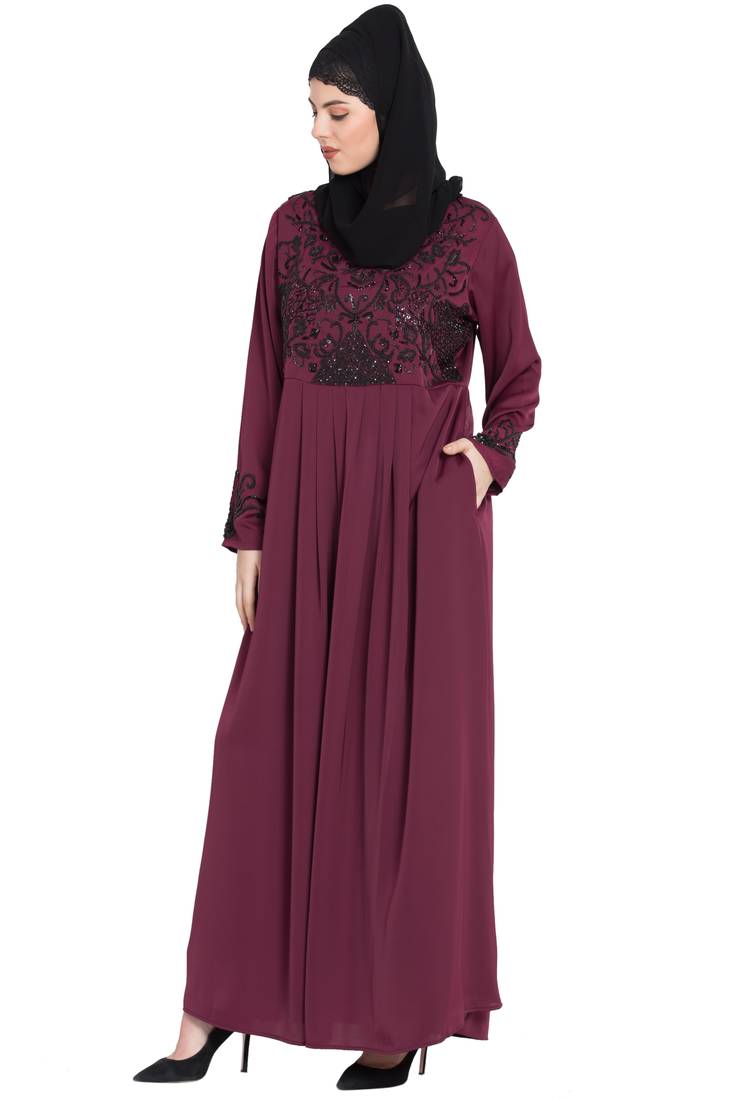 Nazneen Hand Embroidered Wine Party Abaya