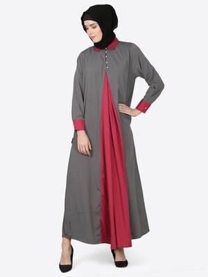 Nazneen Contrast Yoke Grey/Wine  Casual Abaya 1