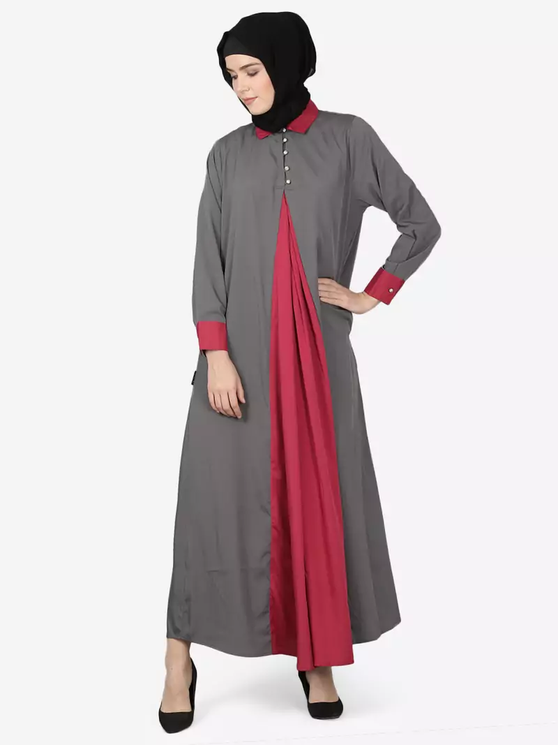 Nazneen Contrast Yoke Grey/Wine  Casual Abaya