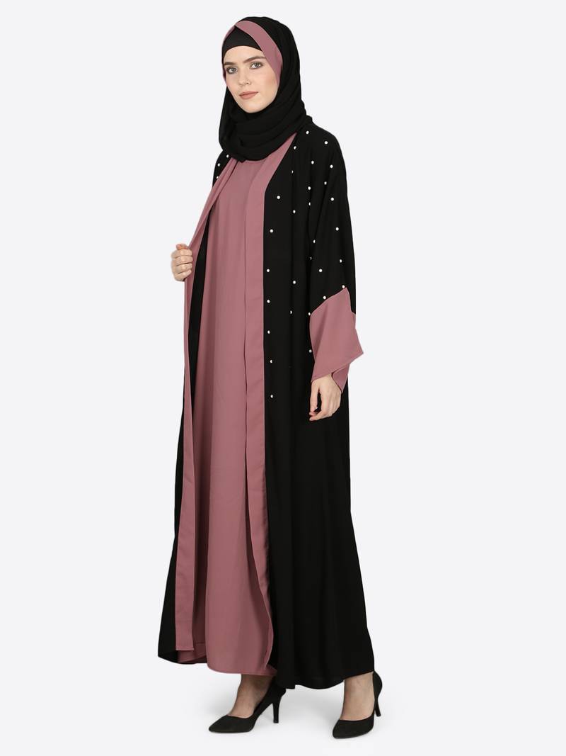 Nazneen Contrast Cuff, Placket , Inner Pearls Beaded Dubai Kaftan