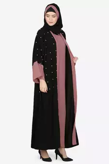 Nazneen Contrast Cuff, Placket , Inner Pearls Beaded Dubai Kaftan
