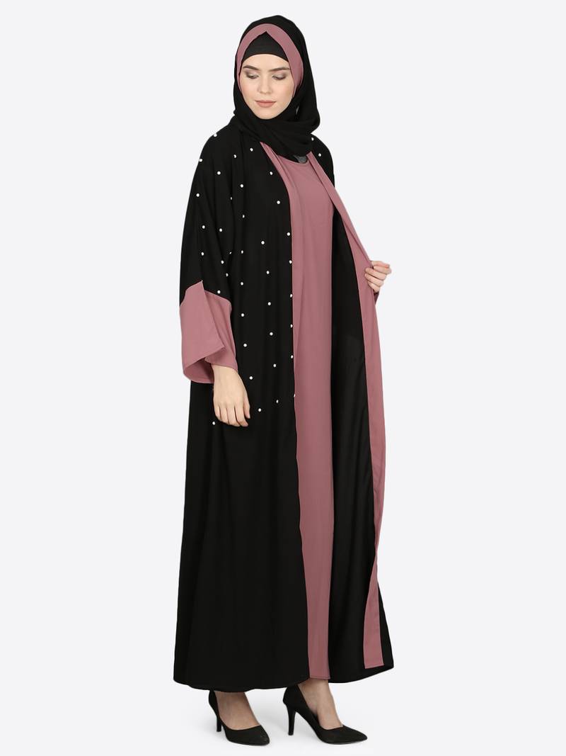 Nazneen Contrast Cuff, Placket , Inner Pearls Beaded Dubai Kaftan