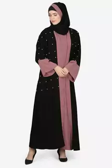 Nazneen Contrast Cuff, Placket , Inner Pearls Beaded Dubai Kaftan