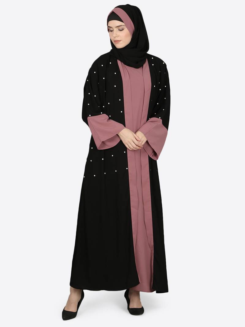 Nazneen Contrast Cuff, Placket , Inner Pearls Beaded Dubai Kaftan