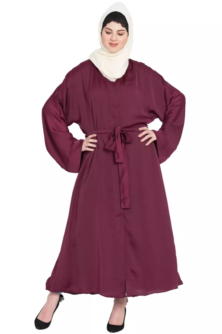 Nazneen Front Open With Belt Wine Abaya
