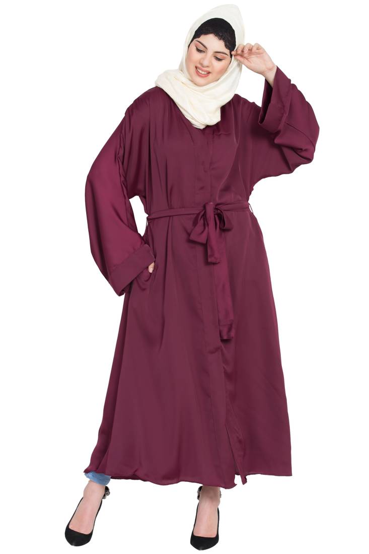 Nazneen Front Open With Belt Wine Abaya