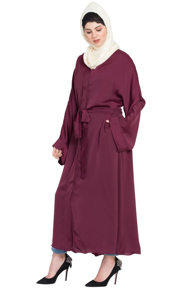 Nazneen Front Open With Belt Wine Abaya