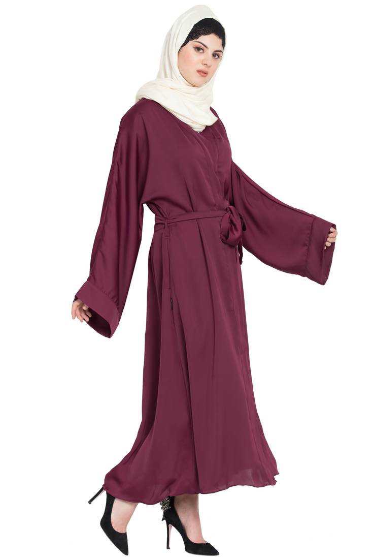 Nazneen Front Open With Belt Wine Abaya