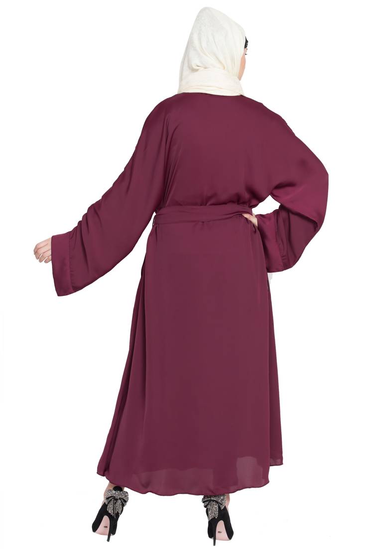 Nazneen Front Open With Belt Wine Abaya
