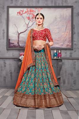 Sea Green Embroidered Silk Semi Stitched bridal lehenga 1