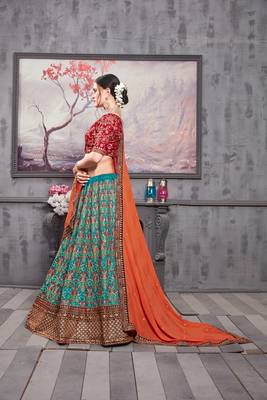 Sea Green Embroidered Silk Semi Stitched bridal lehenga 3