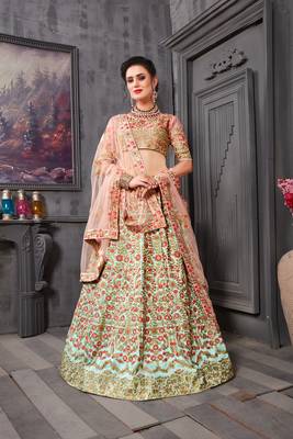 Light-Sky-Blue Embroidered Silk Unstitched Lehenga 1