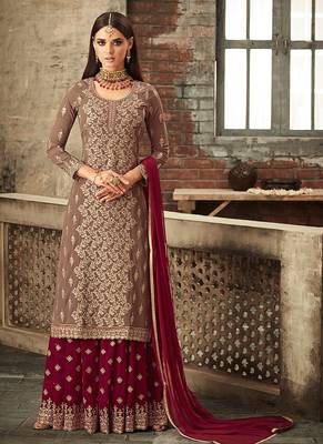 Brown embroidered georgette Sharara Suit 1