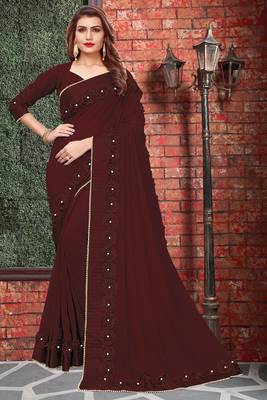 Brown embroidered georgette saree with blouse 1