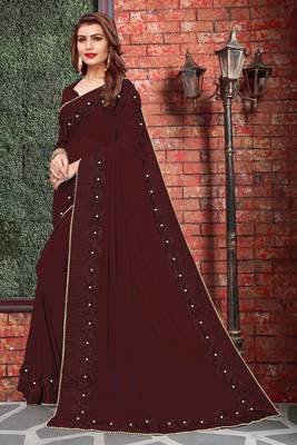 Brown embroidered georgette saree with blouse 3