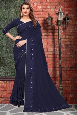 Blue embroidered georgette saree with blouse 1