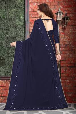 Blue embroidered georgette saree with blouse 2