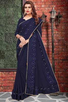 Blue embroidered georgette saree with blouse 3