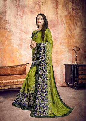 Light green embroidered silk saree with blouse 3