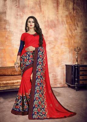 Red embroidered silk saree with blouse 1