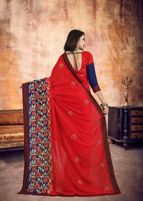 Red embroidered silk saree with blouse 2