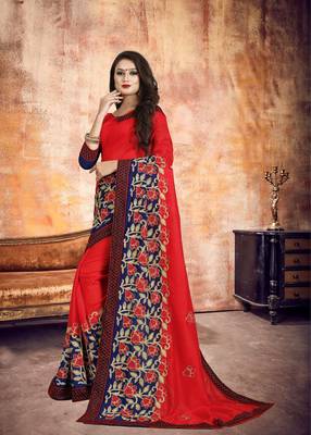 Red embroidered silk saree with blouse 3