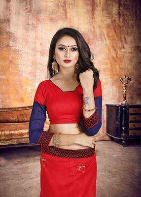 Red embroidered silk saree with blouse 4