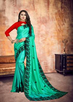 Green embroidered silk saree with blouse 1