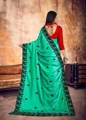Green embroidered silk saree with blouse 2