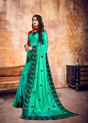 Green embroidered silk saree with blouse 3