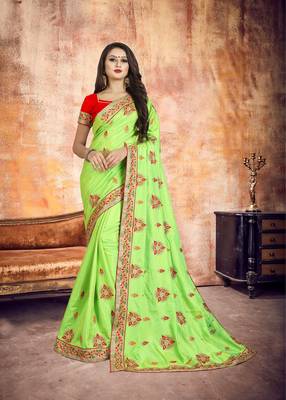 Light green embroidered silk saree with blouse 1