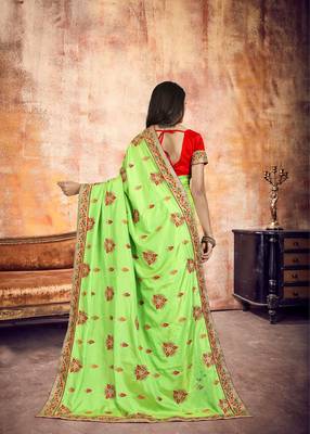 Light green embroidered silk saree with blouse 2