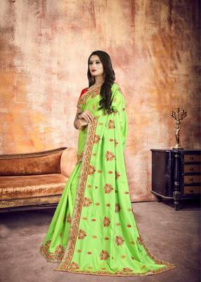Light green embroidered silk saree with blouse 3