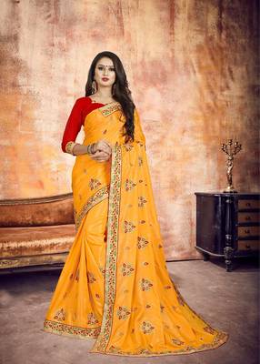 Orange embroidered silk saree with blouse 1