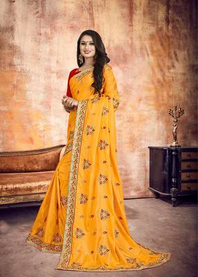 Orange embroidered silk saree with blouse 3