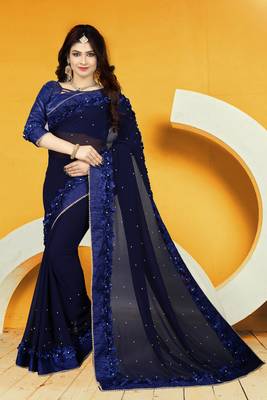 Blue embroidered georgette saree with blouse 1