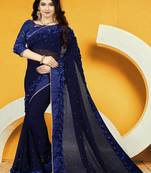 Blue embroidered georgette saree with blouse