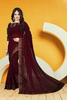 Brown embroidered georgette saree with blouse 1